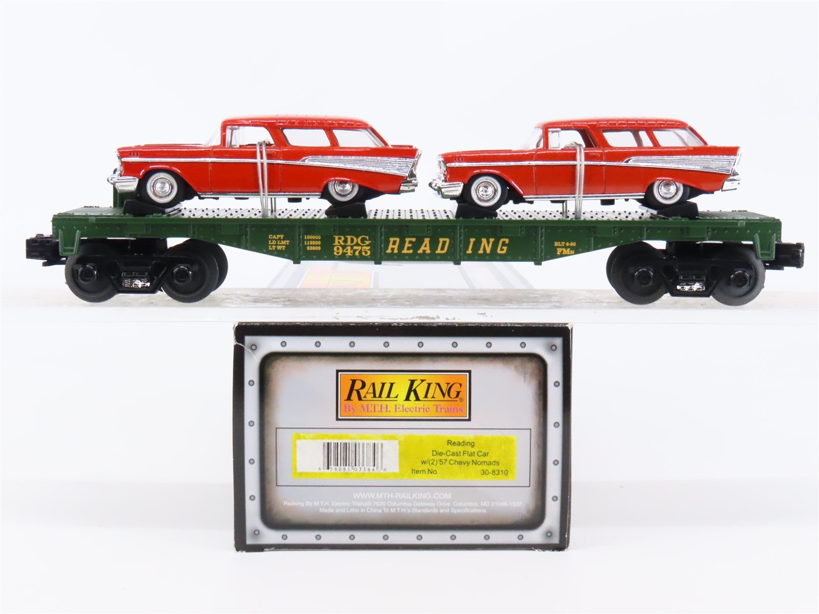 O Gauge 3-Rail MTH Rail King 30-8310 Die-Cast RDG Flat Car #9475 w/ Chevy Nomads