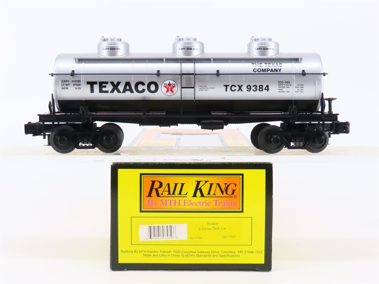 O Gauge 3-Rail MTH Rail King 30-7362 TCX Texaco 3-Dome Tank Car #9384