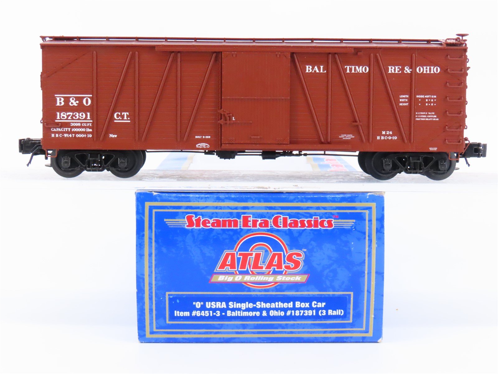 O Gauge 3-Rail Atlas #6451-3 B&O Baltimore & Ohio Single Door Box Car #187391