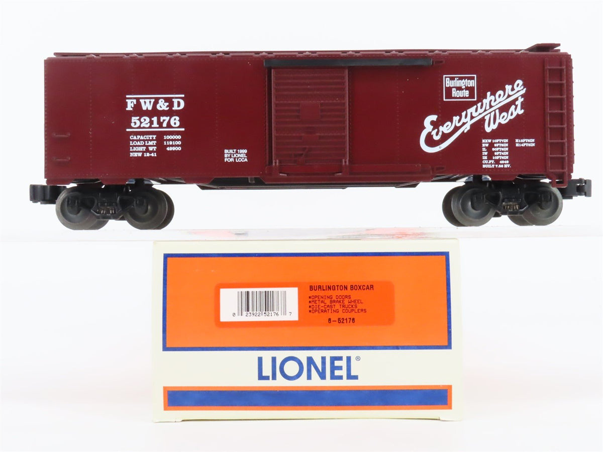 O Gauge 3-Rail Lionel #6-52176 FW&amp;D Burlington Route Single Door Box Car #52176