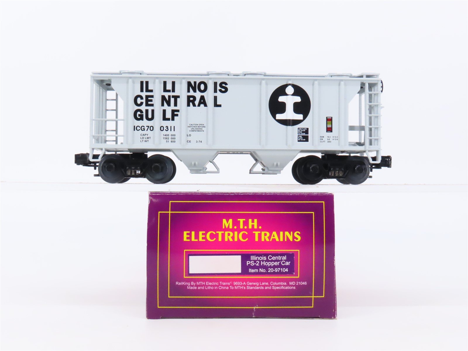 O Gauge 3-Rail MTH 20-97104 ICG Illinois Central Gulf 2-Bay Hopper #700311