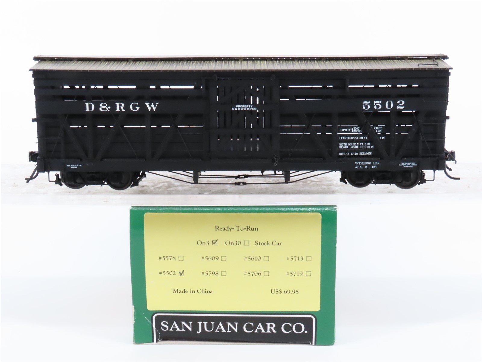 On3 Scale San Juan Car Co. D&RGW Rio Grande Railroad Stock Car #5502