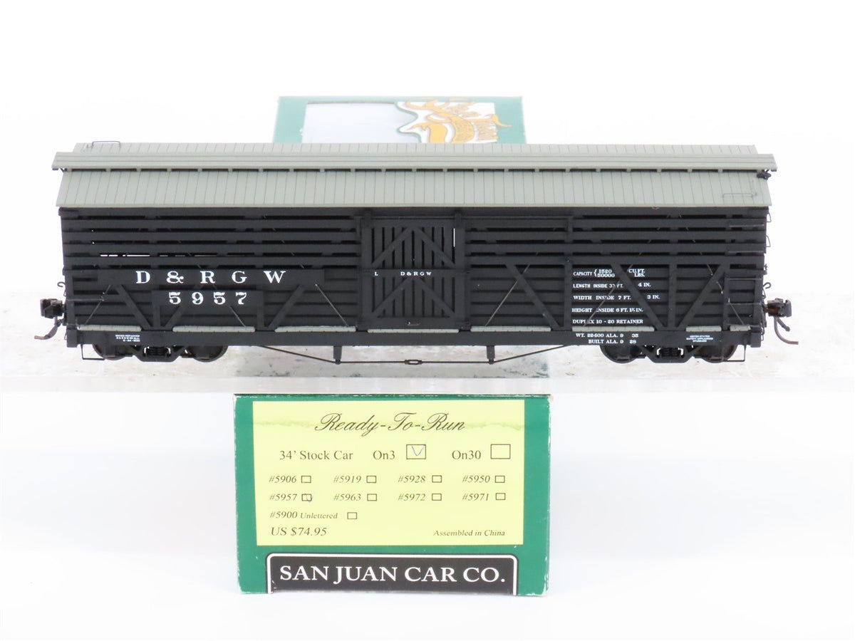 On3 Scale San Juan Car Co. D&amp;RGW Rio Grande Railroad 34&#39; Stock Car #5957