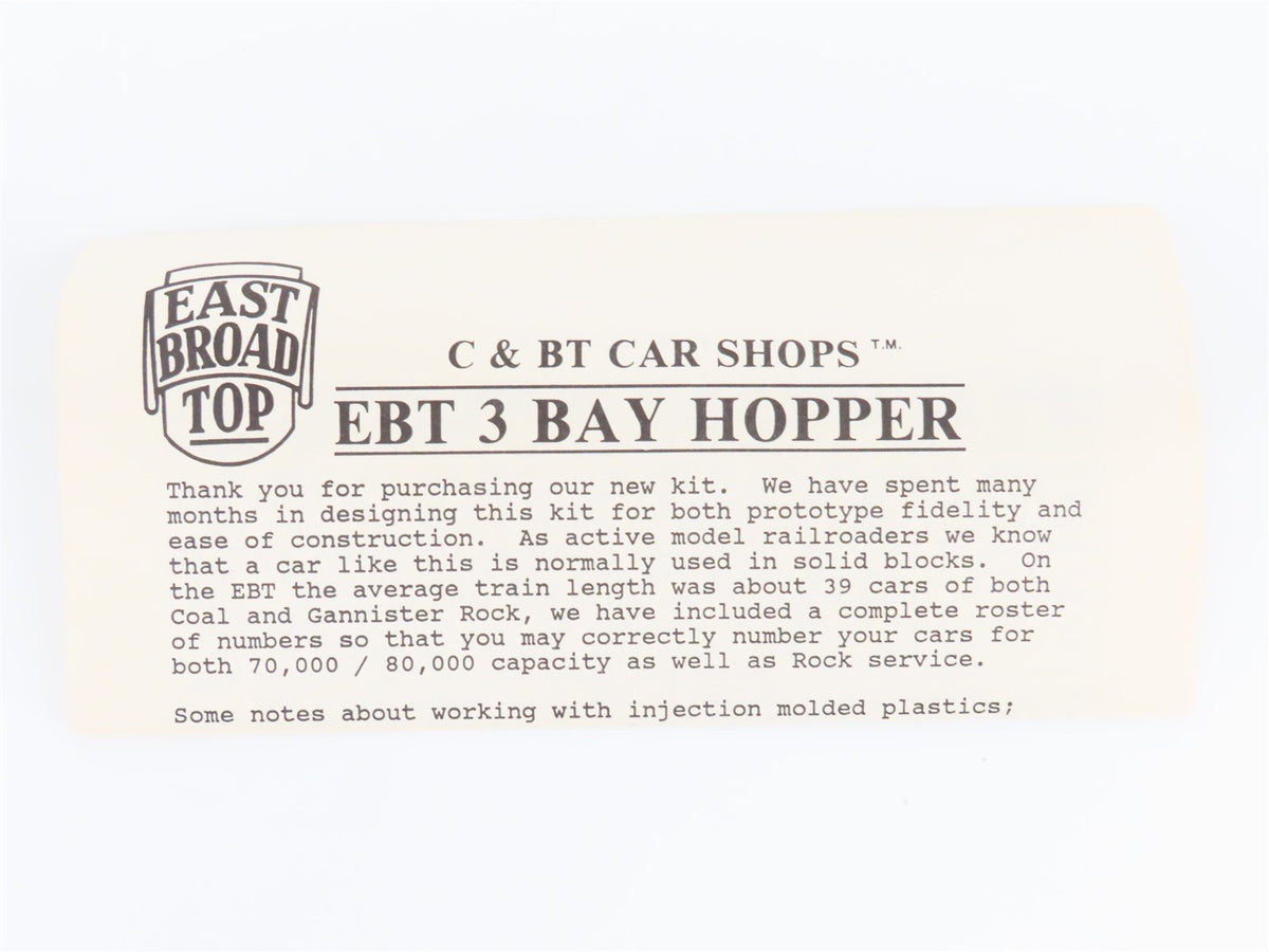 HOn3 Scale C&amp;BT Shops Kit EBT East Broad Top 3-Bay Hopper w/ Decals