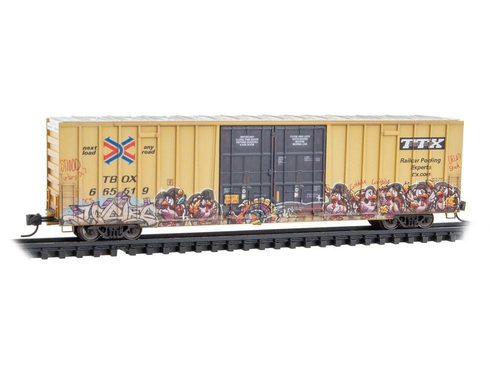 N Micro-Trains MTL 12344018 TBOX TTX 60&#39; High-Cube Box Car #665519 w/ Graffiti