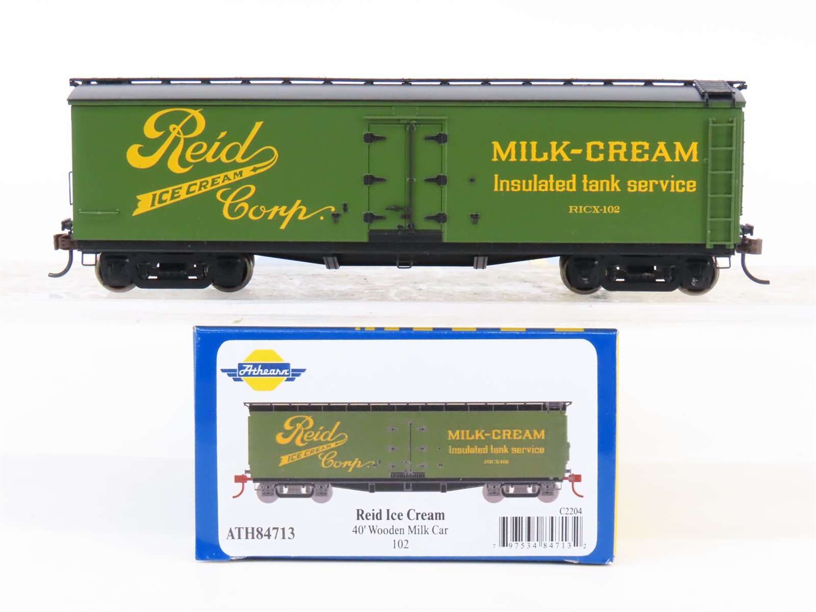 HO Scale Athearn ATH84713 RICX Reid Ice Cream 40' Wood Milk Car #102