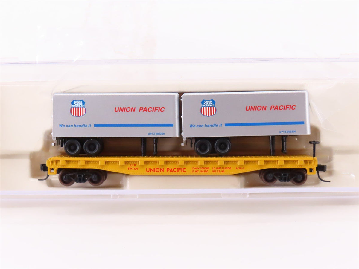 N Scale Atlas 37463 UP Union Pacific Piggyback Flat Car #59169 w/ 2 24&#39; Trailers