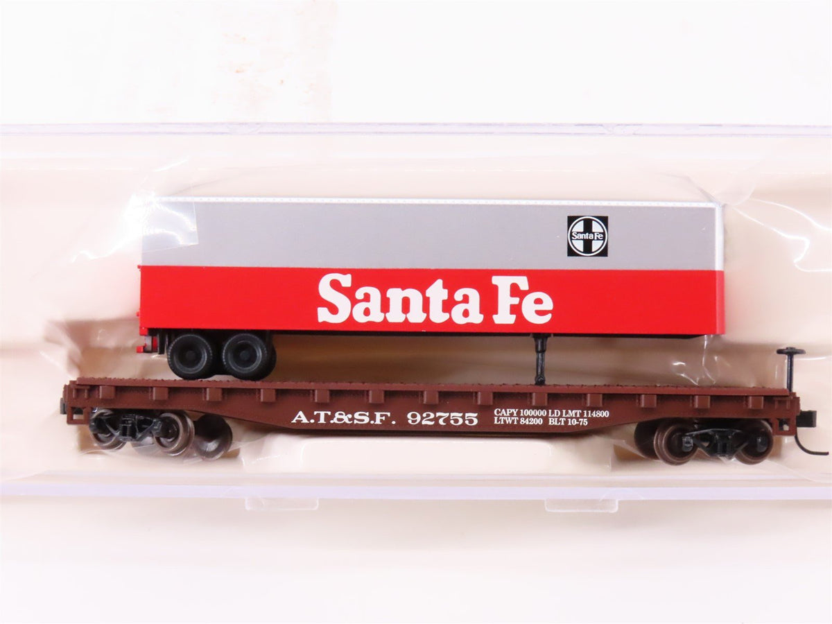 N Scale Atlas 37752 ATSF Santa Fe Piggyback Flat Car #92755 w/ 40&#39; Trailer