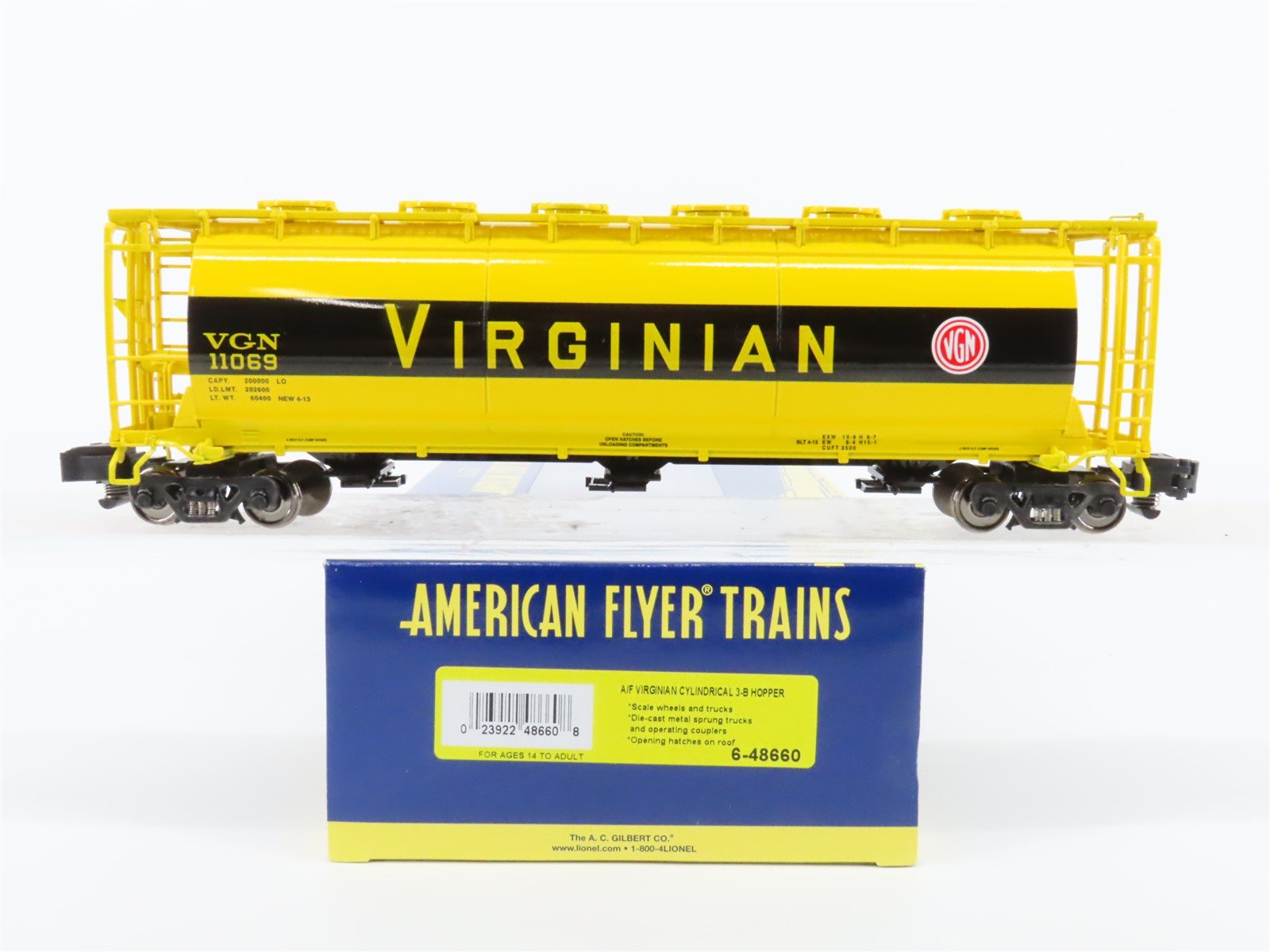 S American Flyer 6-48660 VGN Virginian 3-Bay Cylindrical Hopper Car #11069