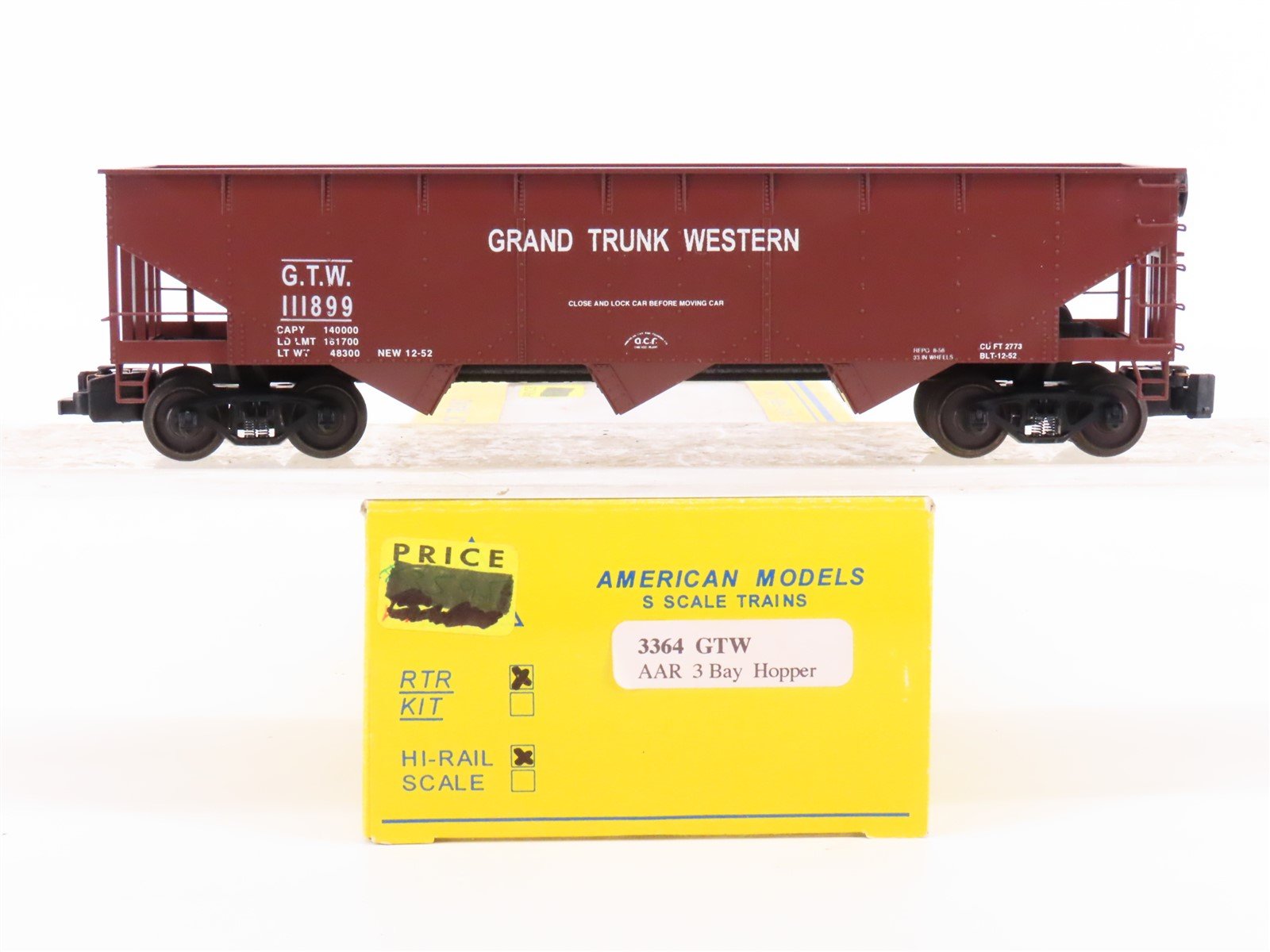 S Scale American Models 3364 GTW Grand Trunk Western 3-Bay Hopper #111899