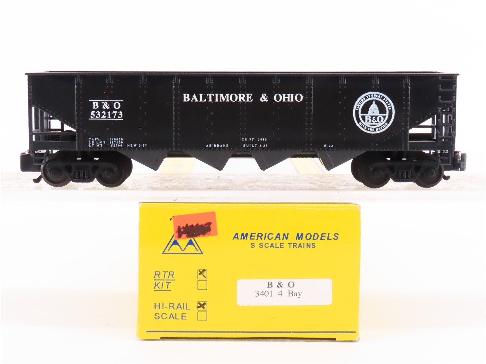 S Scale American Models 3401 B&O Baltimore & Ohio Railroad 4-Bay Hopper #532173