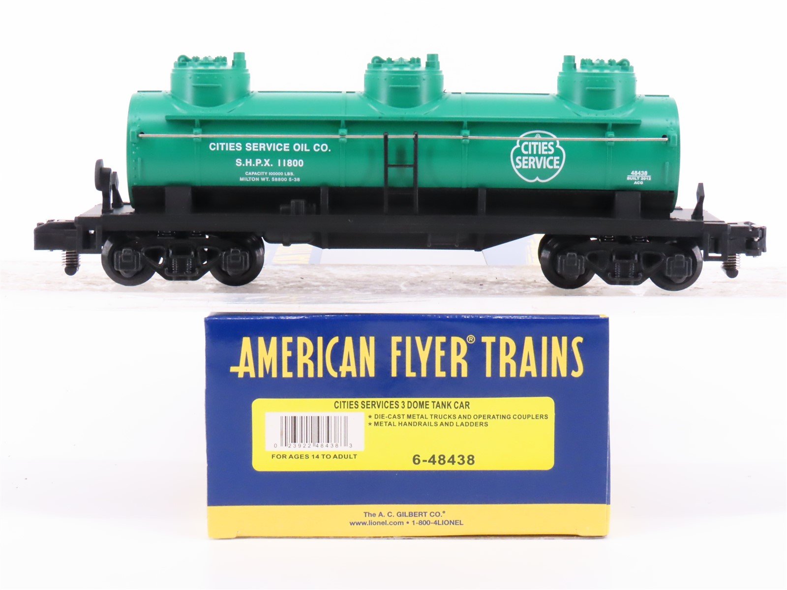 S Scale American Flyer 6-48438 SHPX Cities Services 3 Dome Tankcar #11800