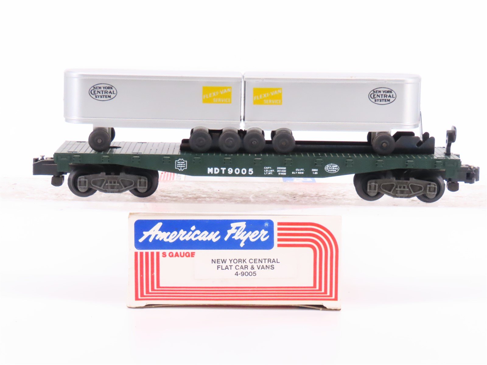 S Scale American Flyer 4-9005 MDT NYC Railway Flatcar #9005 w/ 2 NYC Vans