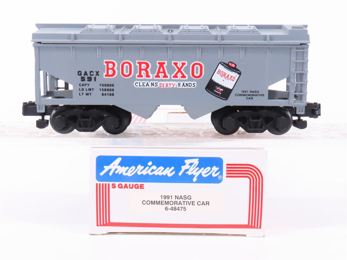 S Scale American Flyer 6-48475 1991 NASG GACX Boraxo Covered 2-Bay Hopper #591