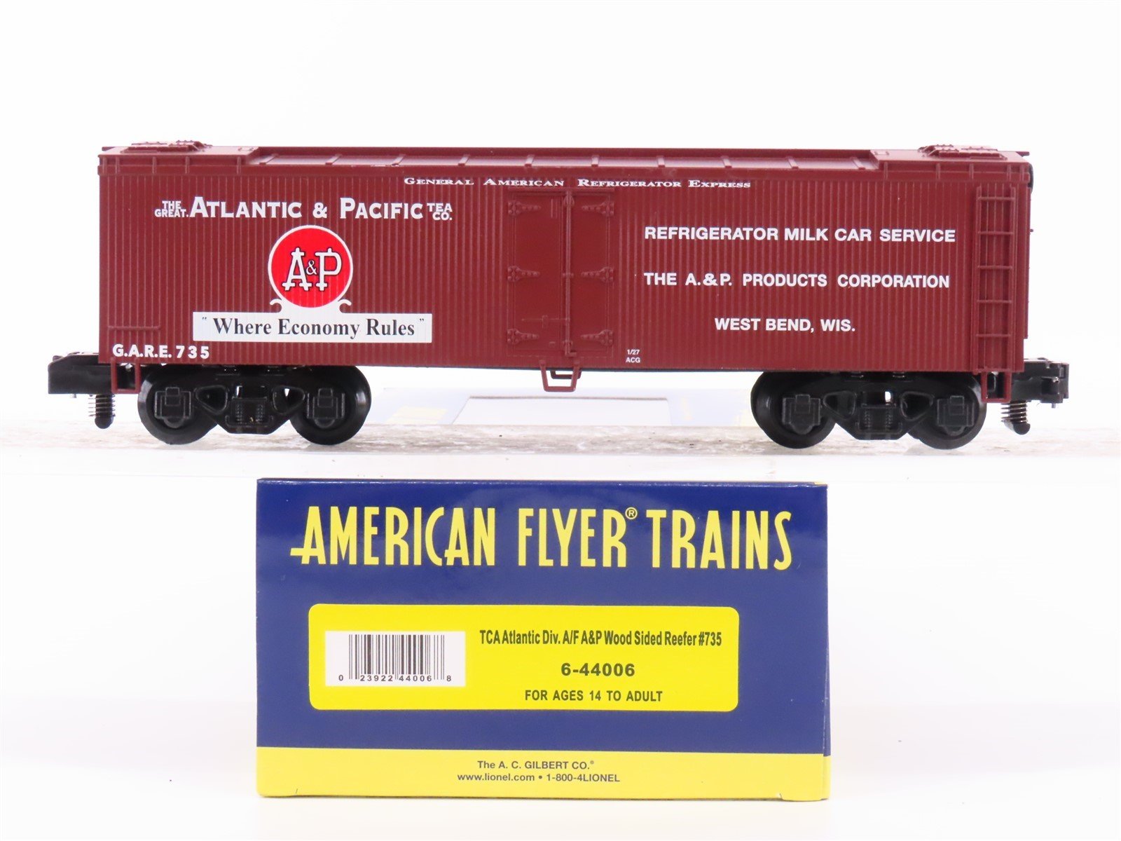 S Scale American Flyer 6-44006 GARE A&P Atlantic & Pacific Wood Reefer Car #735