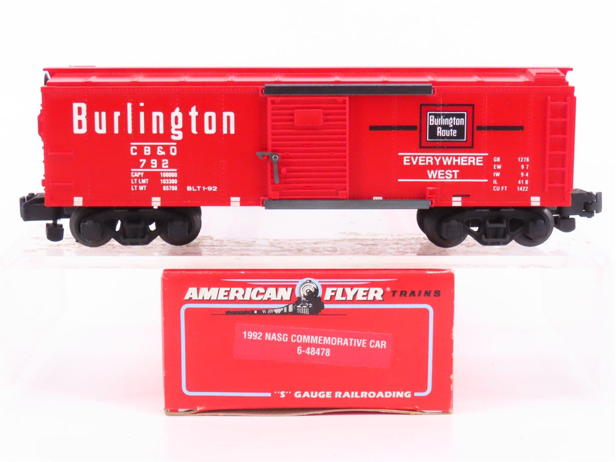 S Scale American Flyer 6-48478 NASG 1992 CB&amp;Q Burlington Route Box Car #792