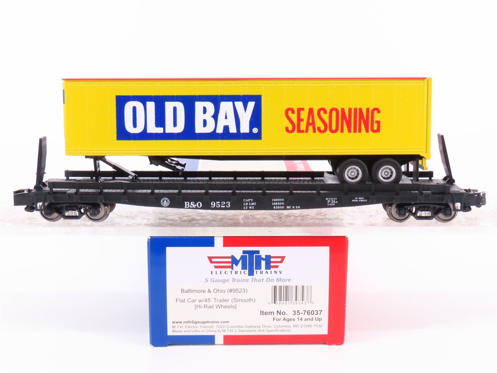 S Scale MTH 35-76037 B&O Baltimore & Ohio Flatcar #9523 w/45' Old Bay Trailer