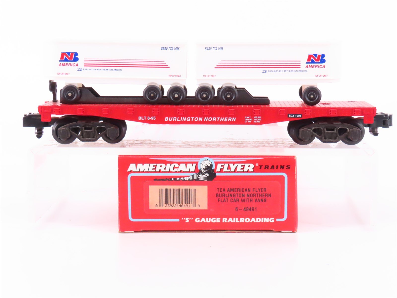 S Scale American Flyer 6-48491 TCA 1995 BN Burlington Northern Flat Car v/ Vans