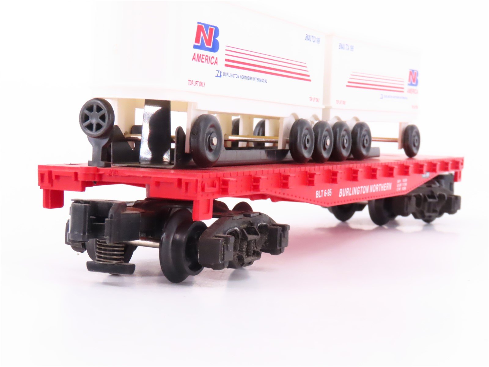 S Scale American Flyer 6-48491 TCA 1995 BN Burlington Northern Flat Car v/ Vans