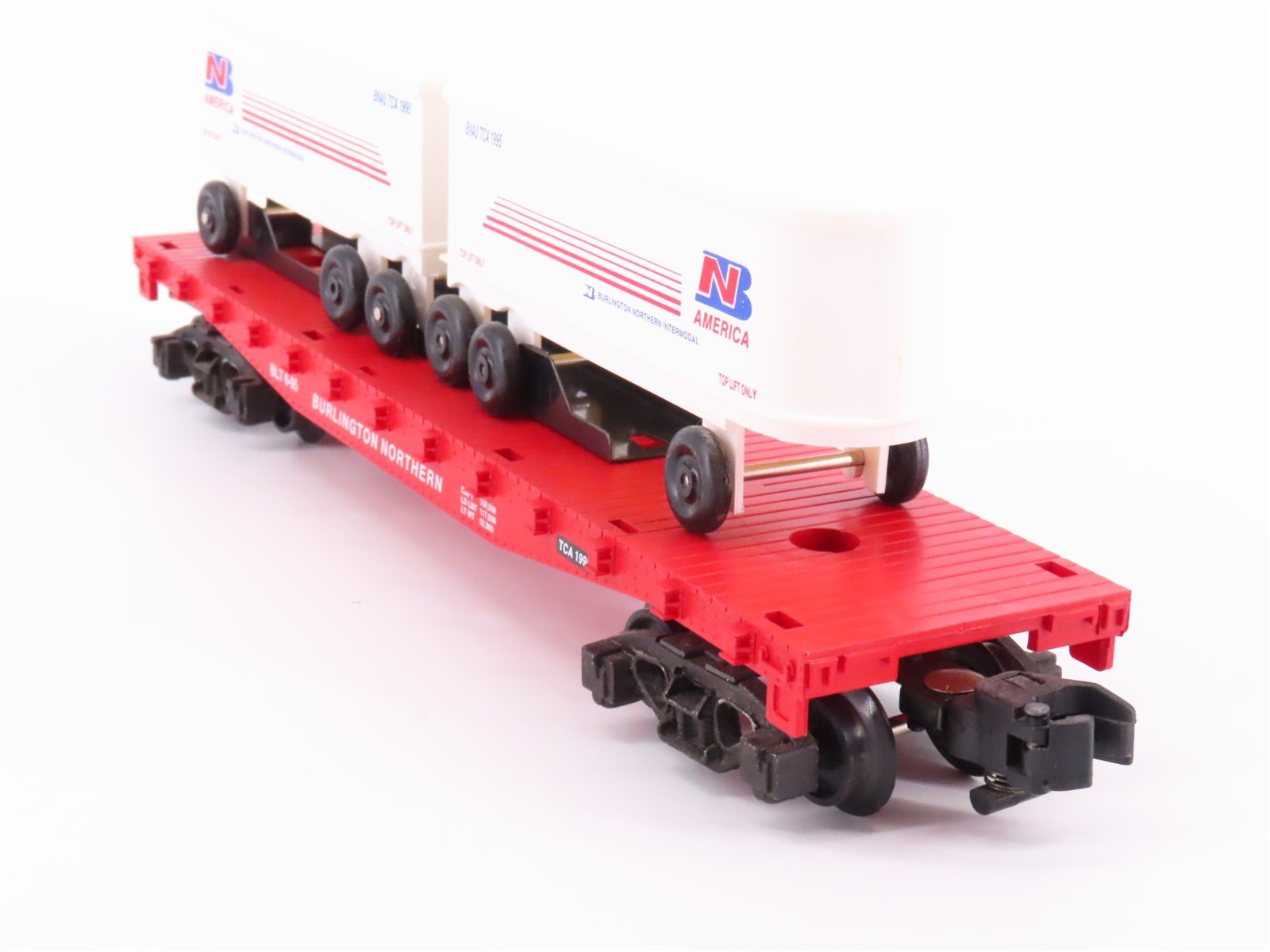 S Scale American Flyer 6-48491 TCA 1995 BN Burlington Northern Flat Car v/ Vans