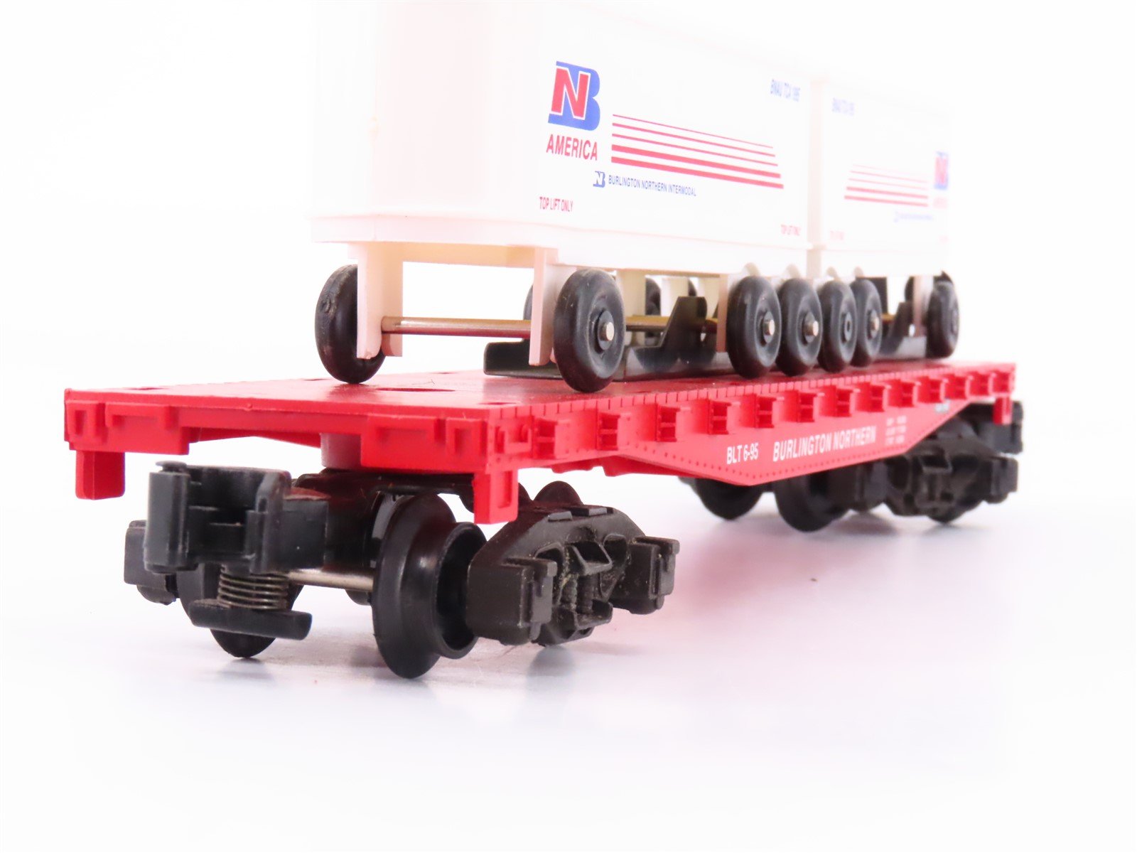 S Scale American Flyer 6-48491 TCA 1995 BN Burlington Northern Flat Car v/ Vans