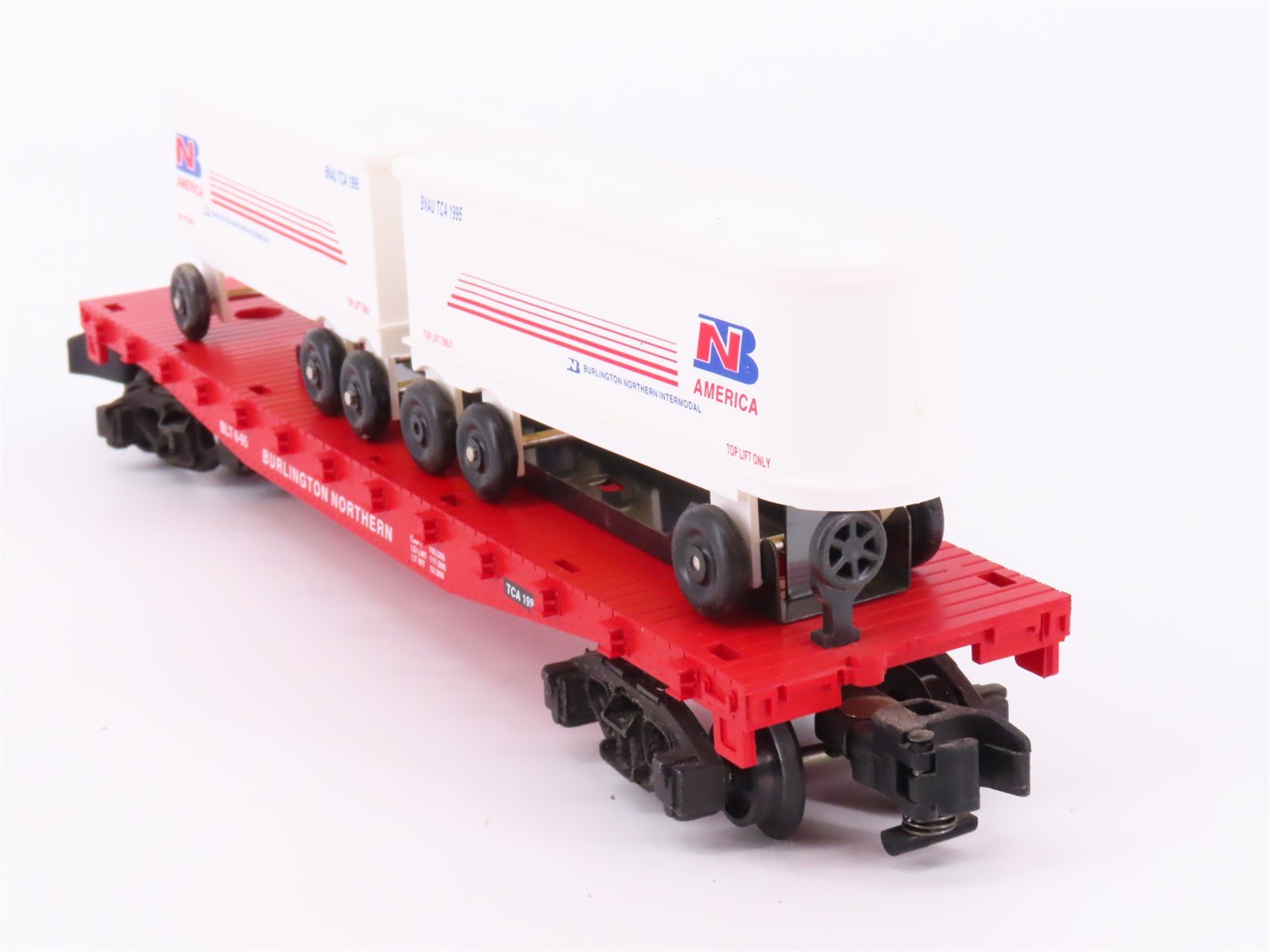S Scale American Flyer 6-48491 TCA 1995 BN Burlington Northern Flat Car v/ Vans