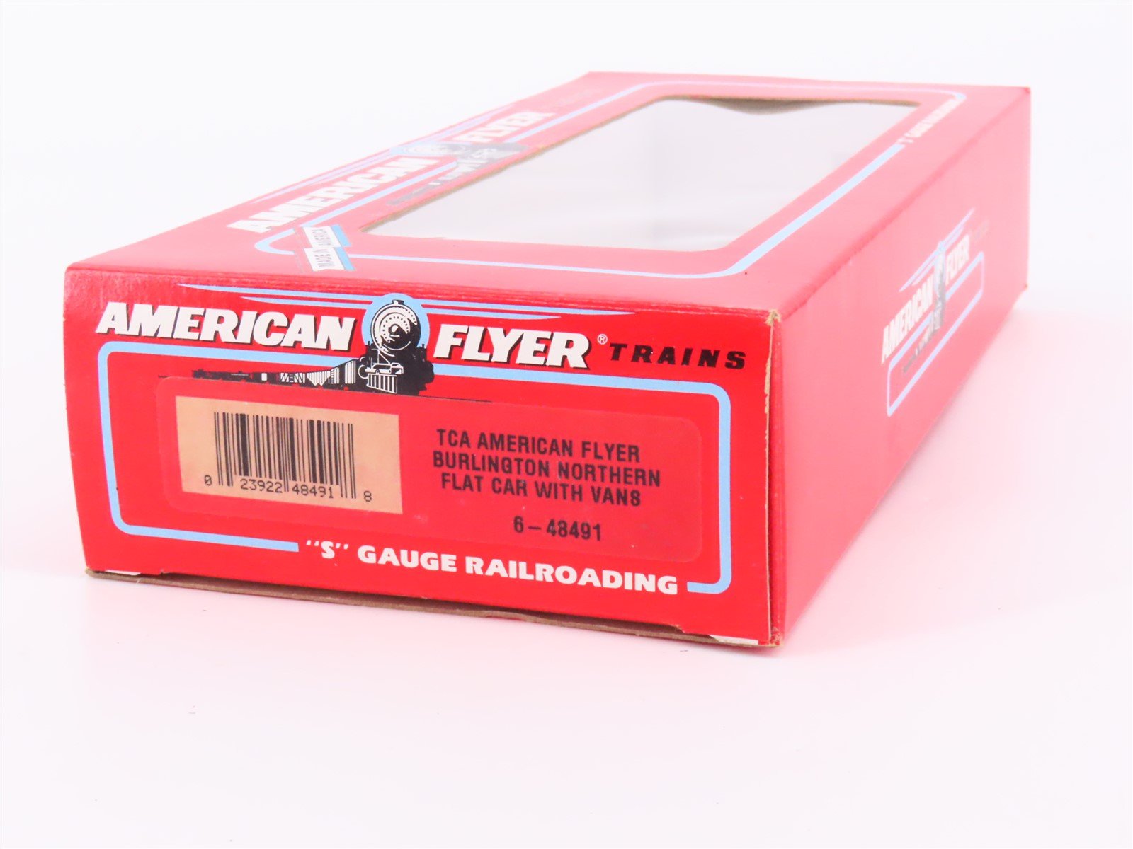 S Scale American Flyer 6-48491 TCA 1995 BN Burlington Northern Flat Car v/ Vans