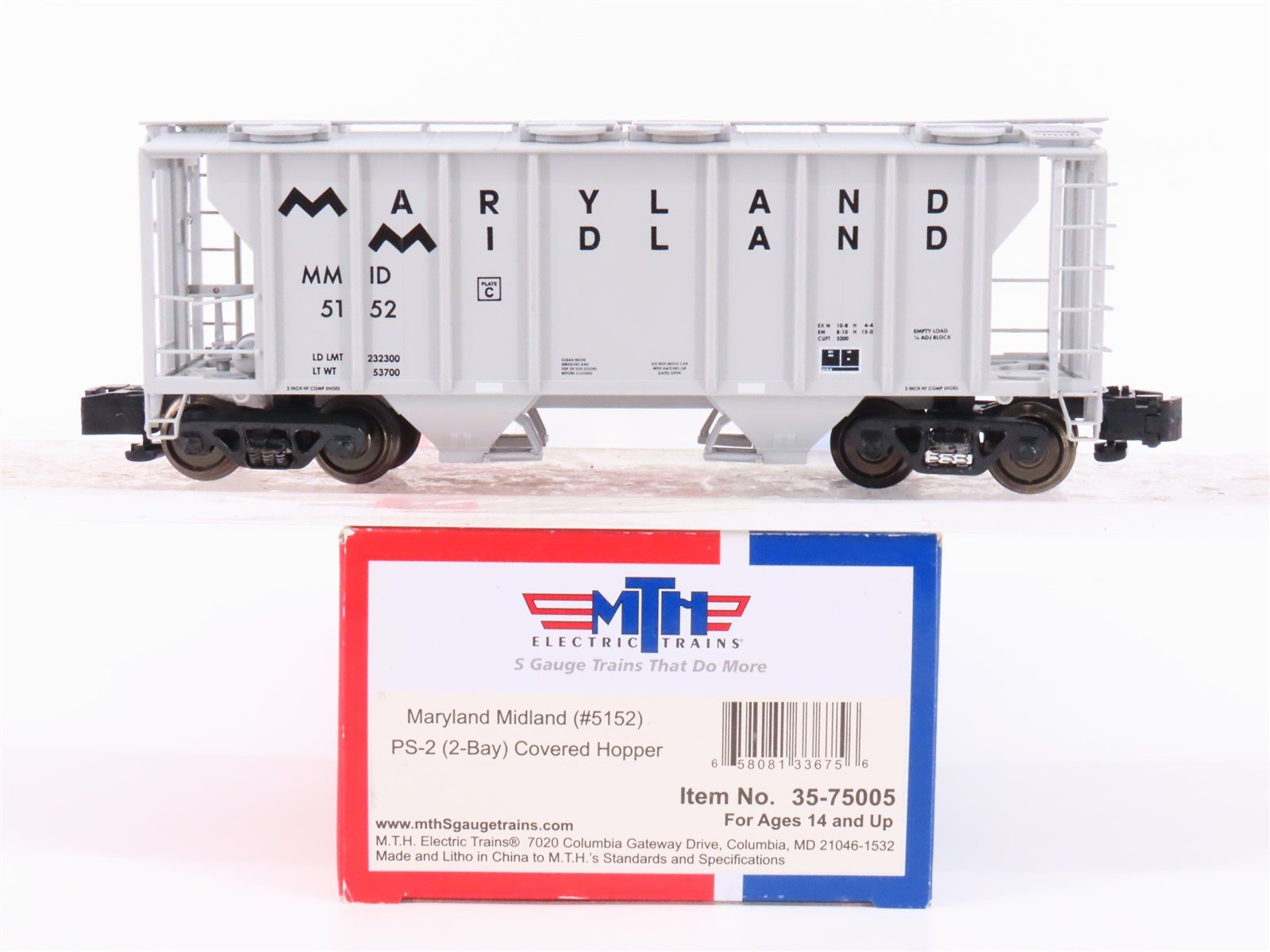 S Scale MTH 35-75005 MM Maryland Midland PS-2 2 Bay Covered Hopper Car #5152