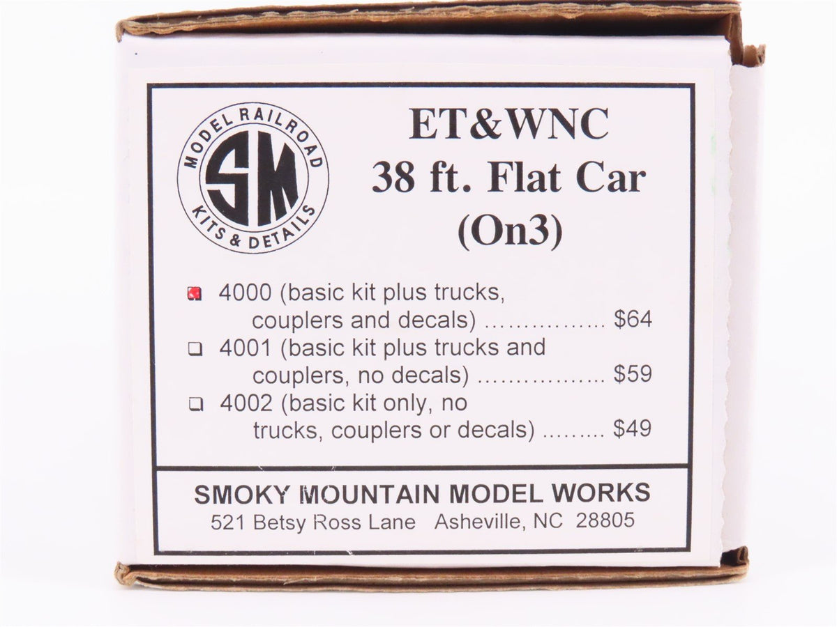 On3 Scale Smoky Mountain Model Works Kit #4000 ET&amp;WNC &quot;Tweetsie&quot; 38&#39; Flat Car