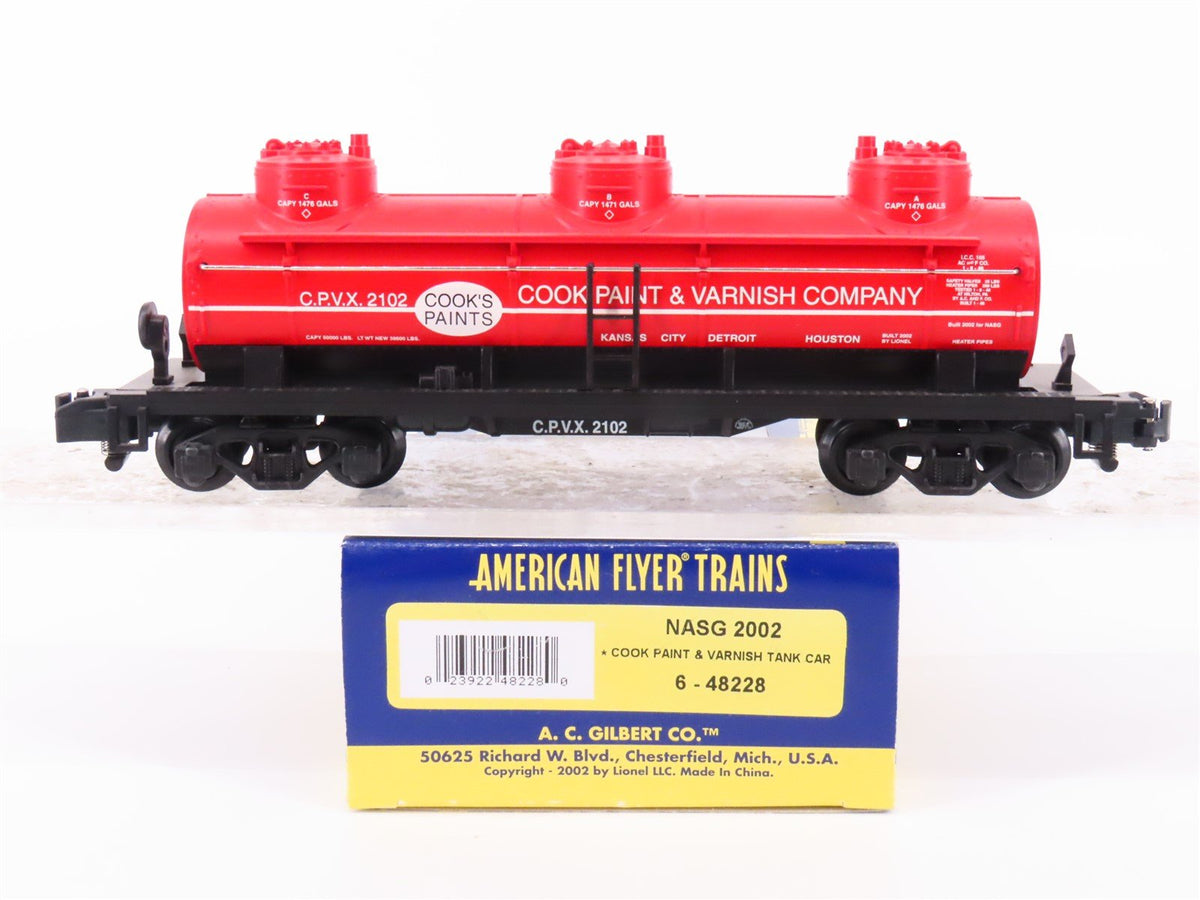 S Scale American Flyer 6-48228 CPVX NASG 2002 Cook Paint 3 Dome Tankcar #2102