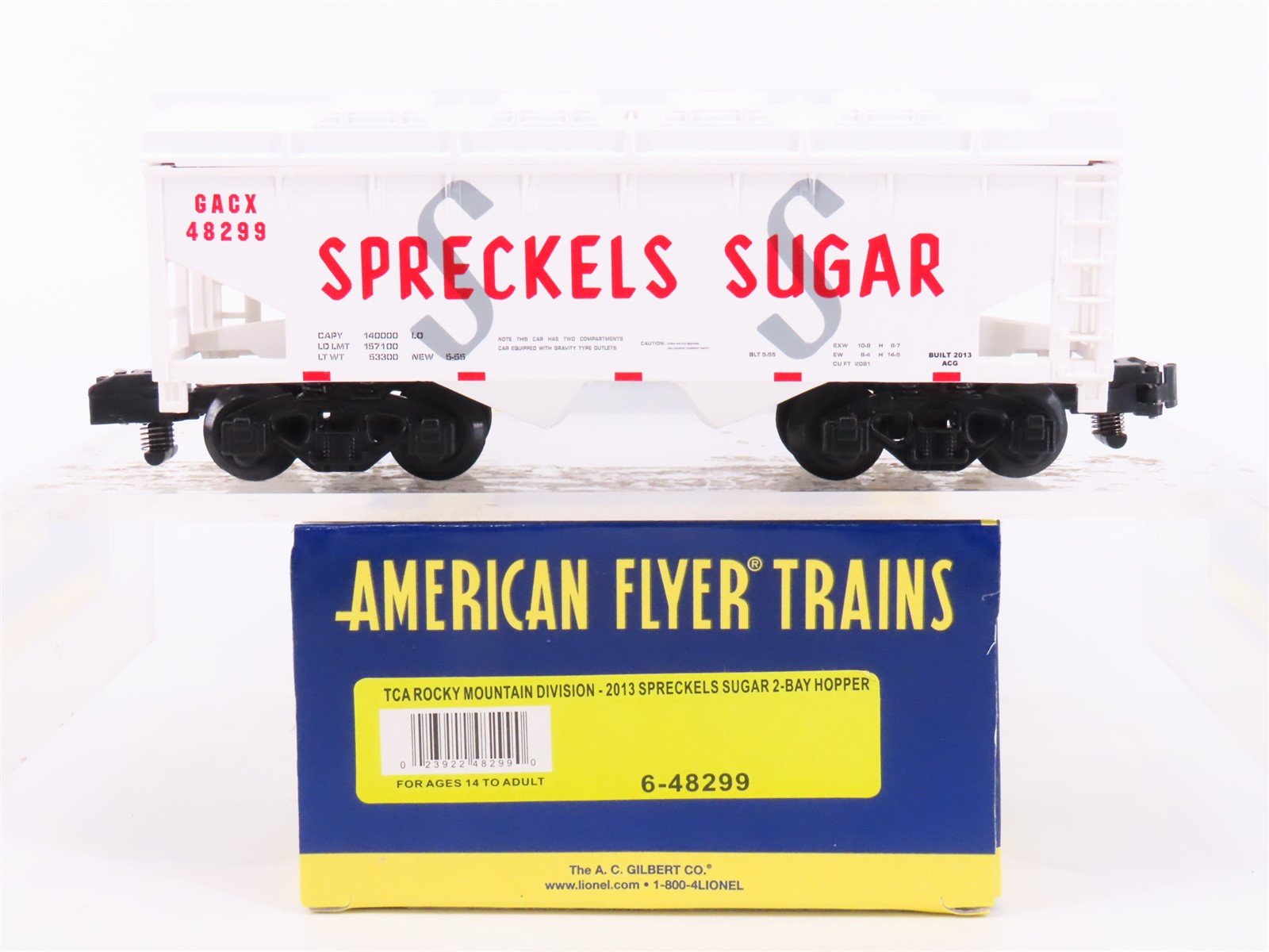 S Scale American Flyer 6-48299 TCA 2013 GACX Spreckels Sugar 2-Bay Hopper #48299