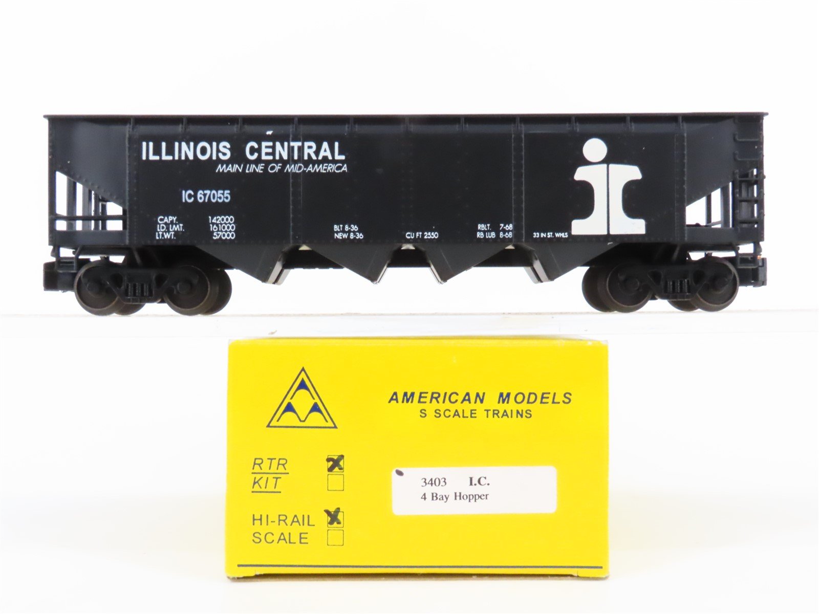 S Scale American Models 3403 IC Illinois Central Railroad 4-Bay Hopper #67055