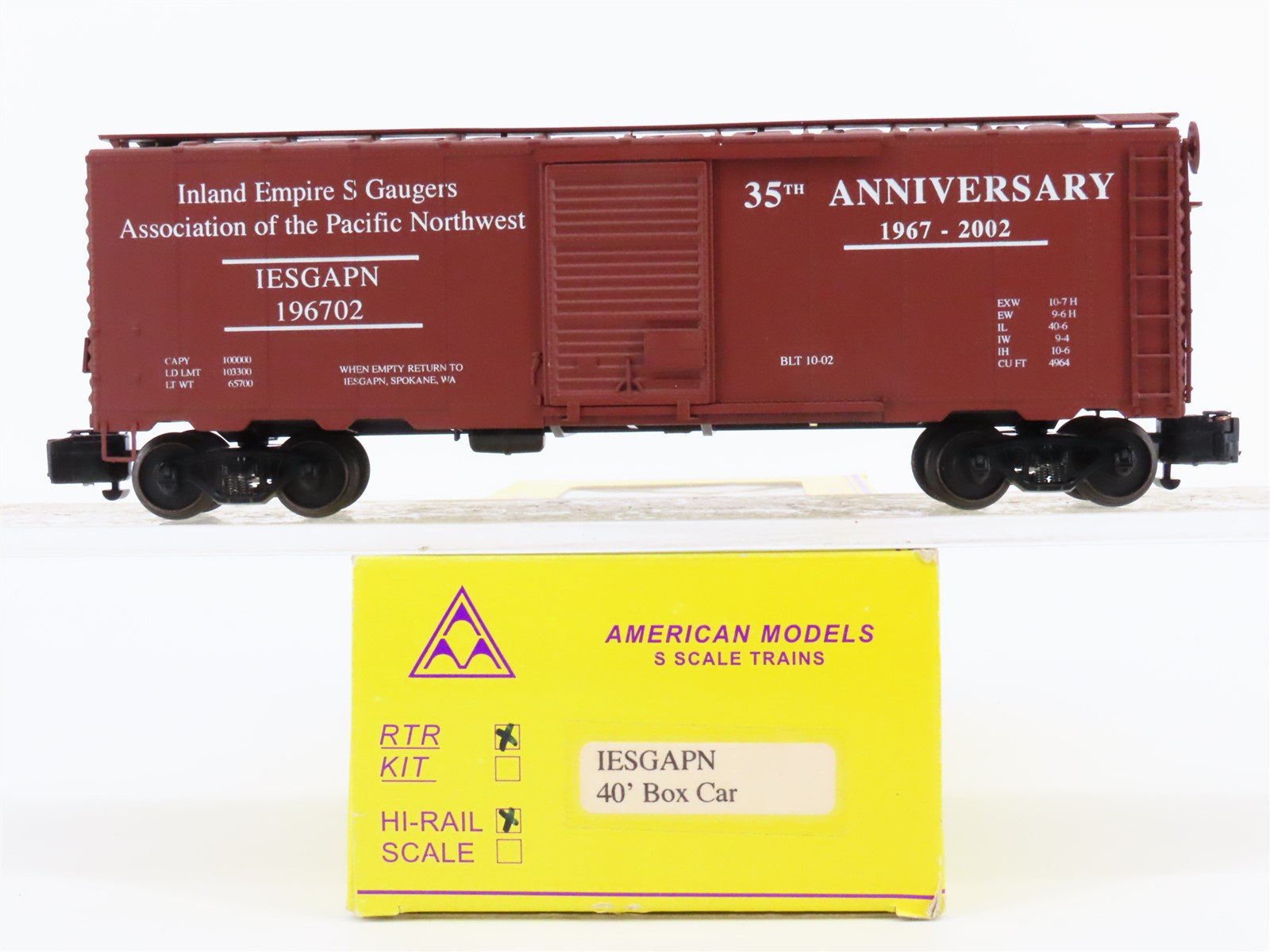 S Scale American Models IESGAPN 35th Anniversary 1967-2002 40' Box Car #196702