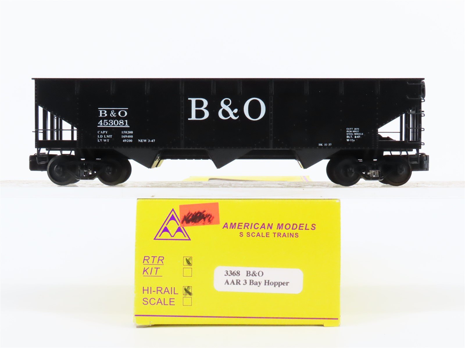 S Scale American Models 3368 B&O Baltimore & Ohio Railroad 3-Bay Hopper #453081