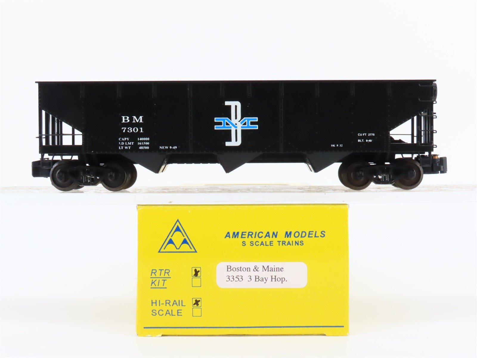 S Scale American Models 3353 BM Boston & Maine Railroad 3-Bay Open Hopper #7301