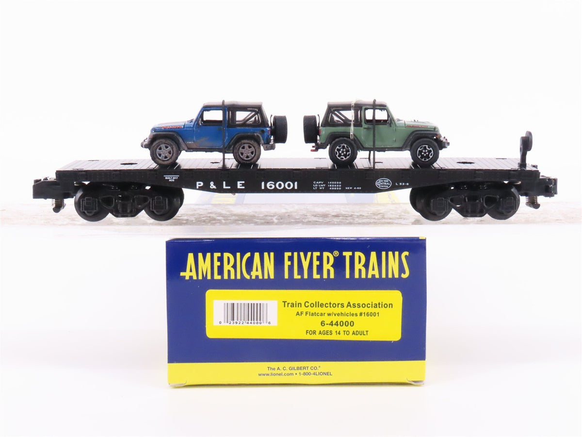 S Scale American Flyer 6-44000 TCA 2017 P&amp;LE Railroad Flat Car #16001 w/ 2 Jeeps