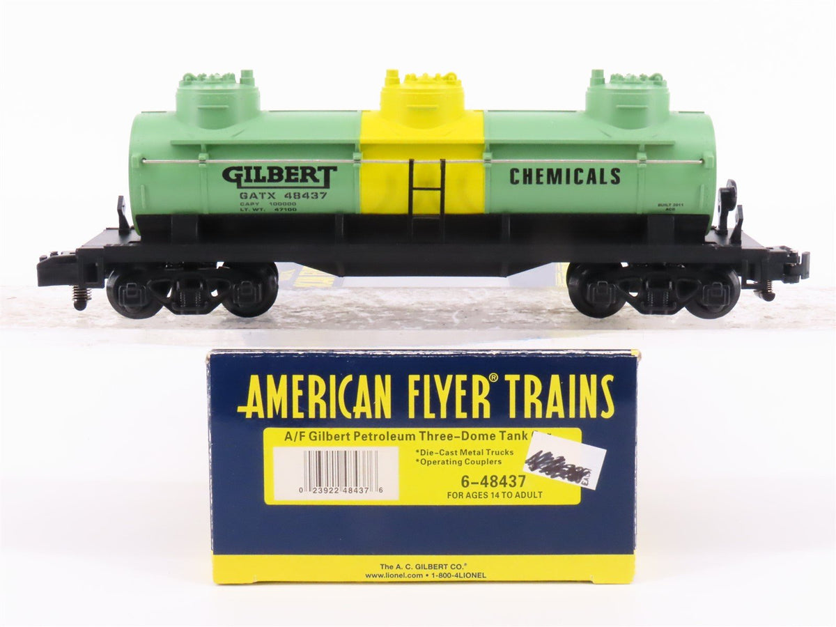 S Scale American Flyer 6-48437 GATX Gilbert Chemicals 3-Dome Tank Car 48437