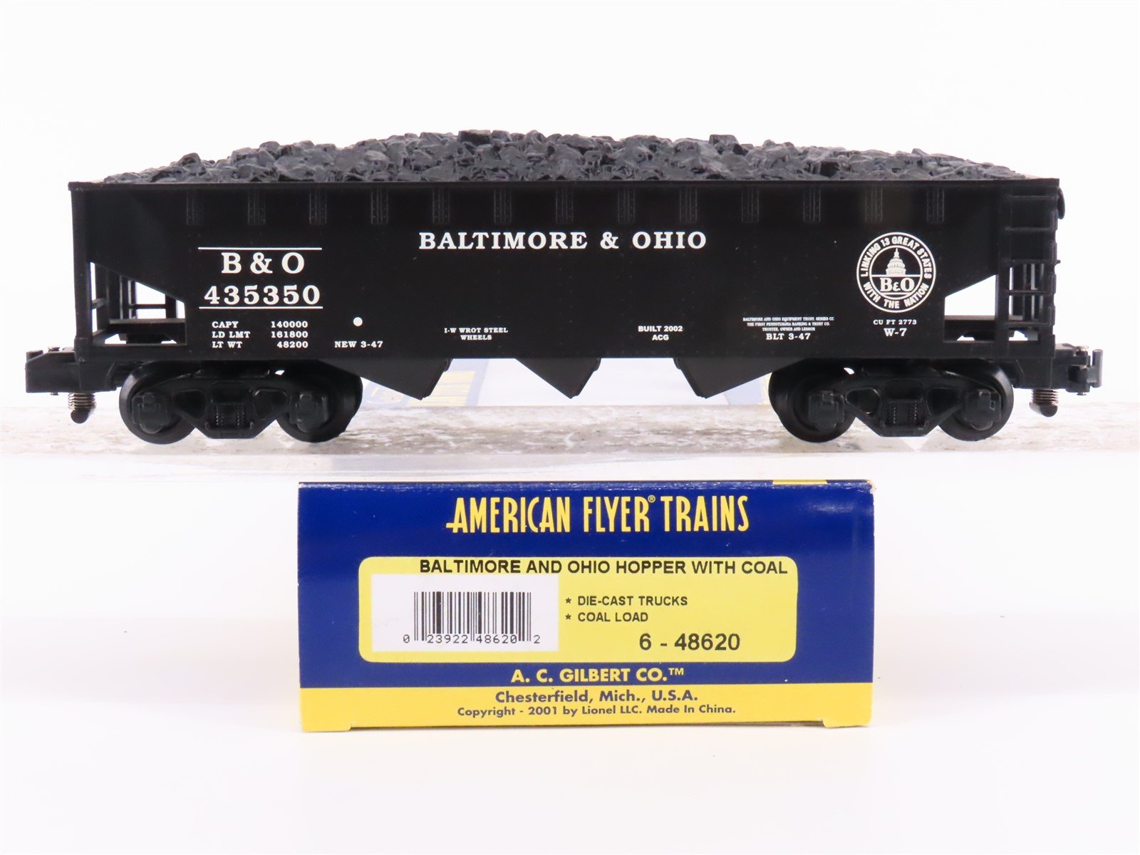 S Scale American Flyer 6-48620 B&O Baltimore & Ohio 3-Bay Hopper #435350 w/ Coal