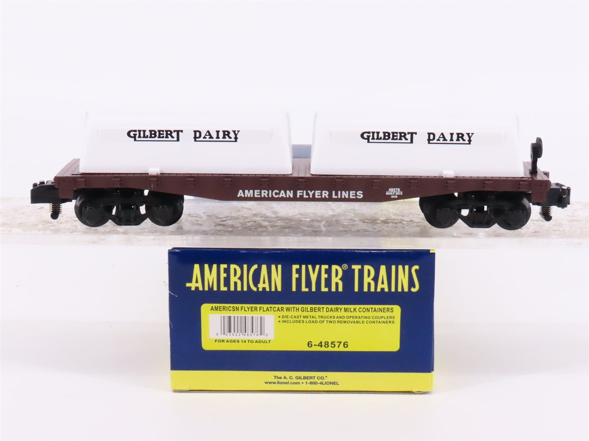 S Scale American Flyer 6-48576 Flat Car w/ Gilbert Dairy Milk Containers