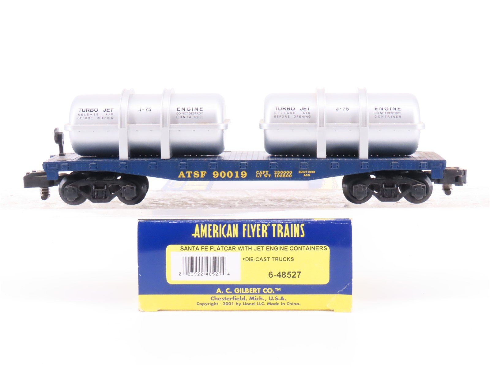 S American Flyer 6-48527 ATSF Santa Fe Flat Car #90019 w/ Jet Engine Containers