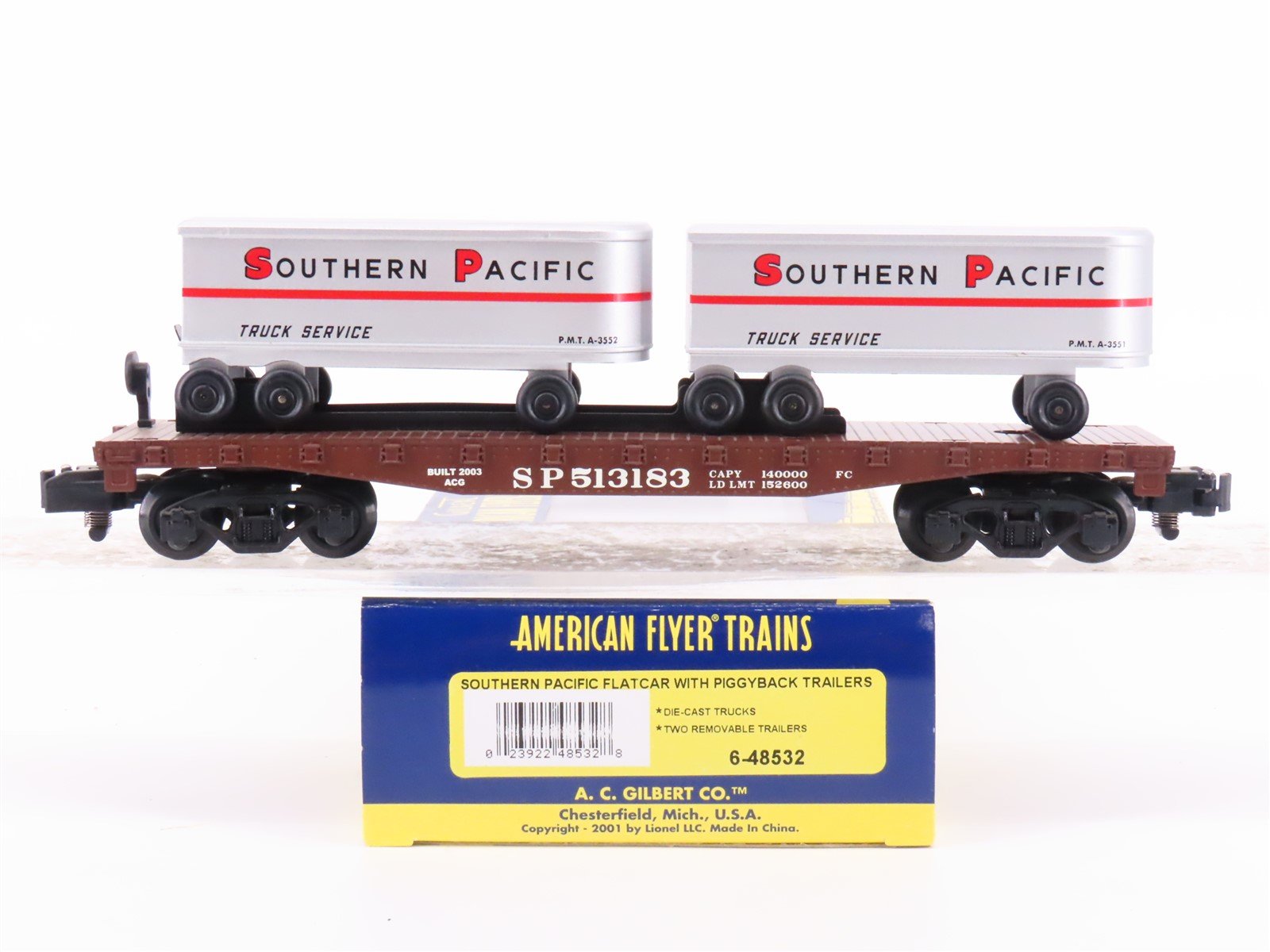 S Scale American Flyer 6-48532 SP Southern Pacific Flat Car #513183 w/ Trailers