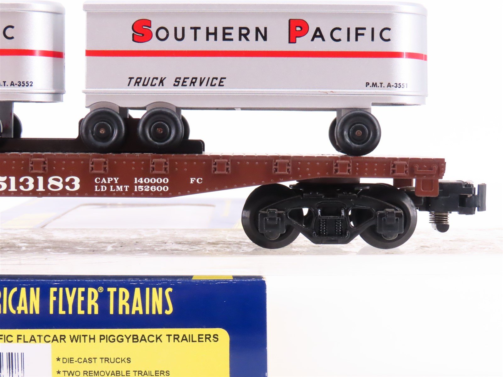 S Scale American Flyer 6-48532 SP Southern Pacific Flat Car #513183 w/ Trailers