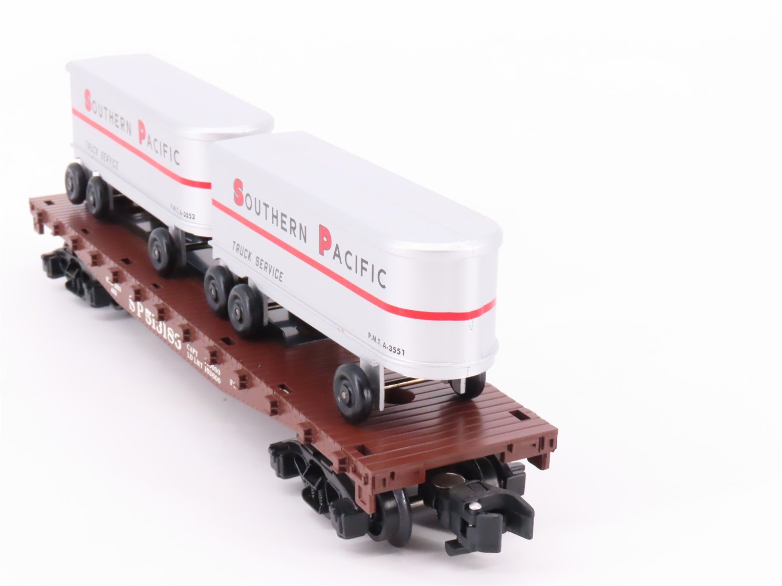 S Scale American Flyer 6-48532 SP Southern Pacific Flat Car #513183 w/ Trailers