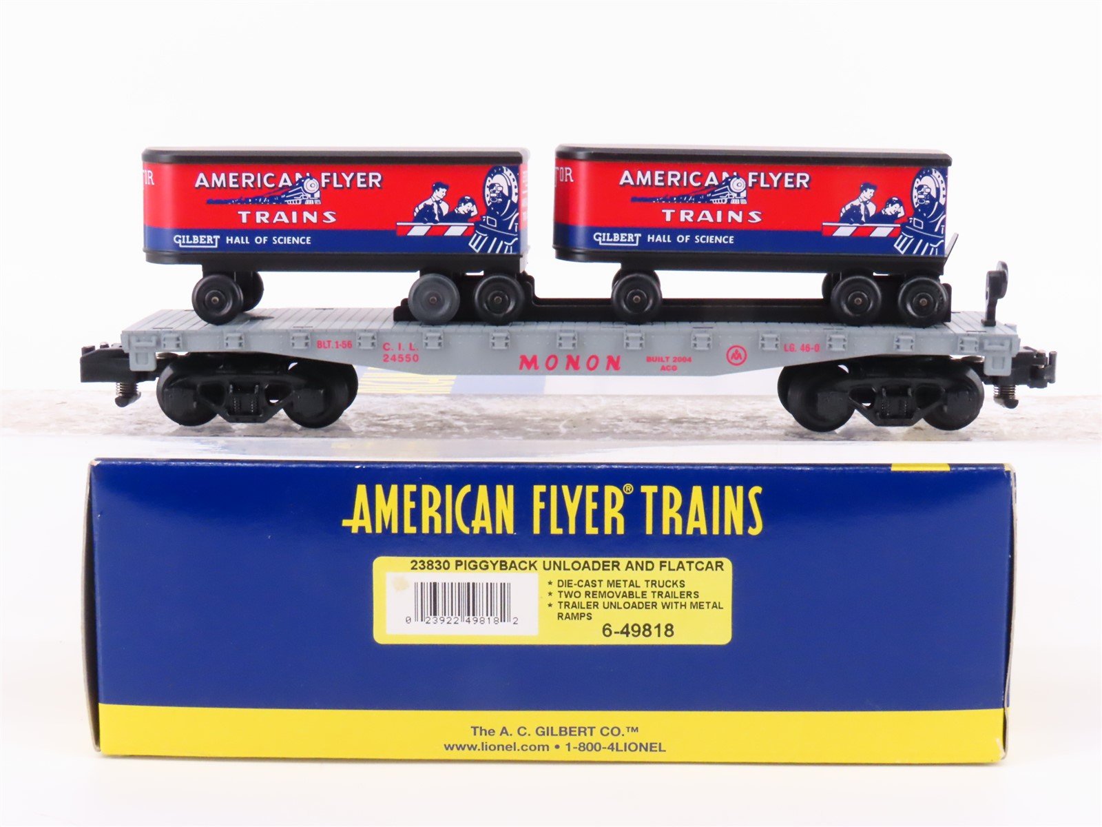 S Scale American Flyer 6-49818 CIL Monon Railroad Flat Car #24550 w/ Trailers