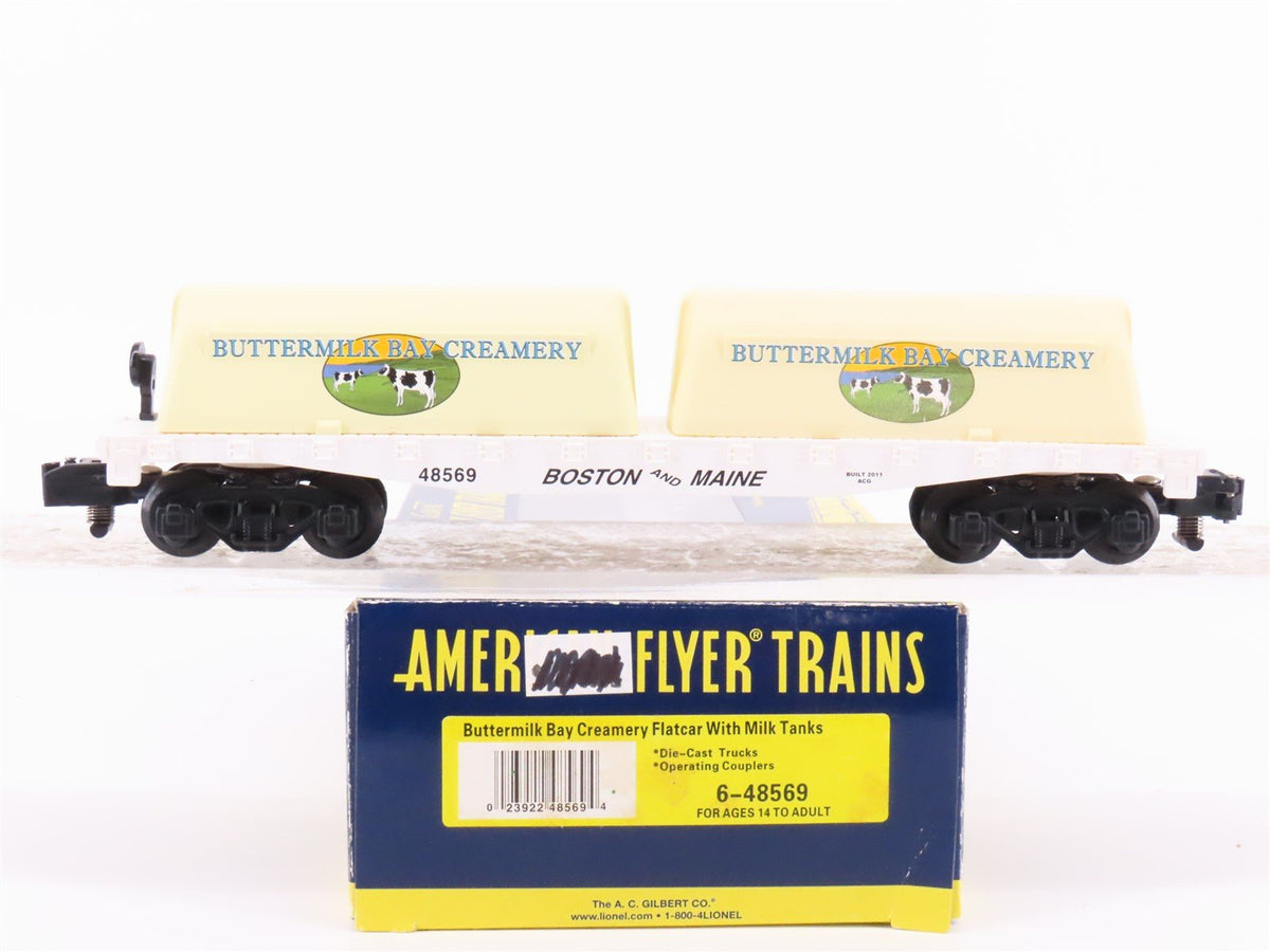 S Scale American Flyer 6-48569 BM Flat Car #48569 w/ Buttermilk Bay Milk Tanks