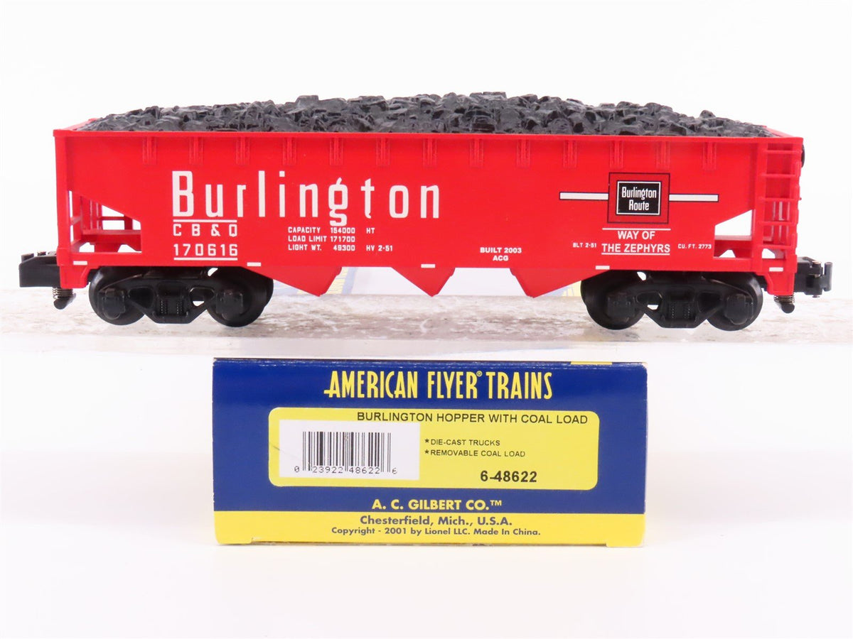 S Scale American Flyer 6-48622 CB&amp;Q Burlington Route 3-Bay Hopper #170616