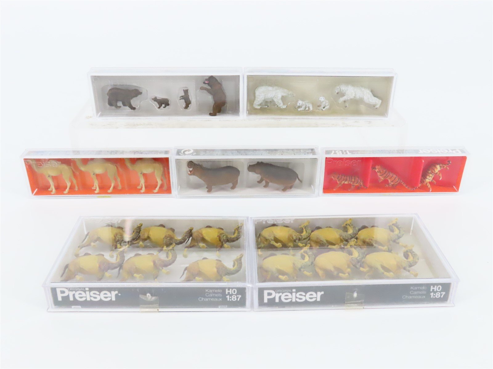 Lot of 7 HO Scale Preiser Zoo/Circus Animal Figure Packs - Camel, Bear, Tiger +