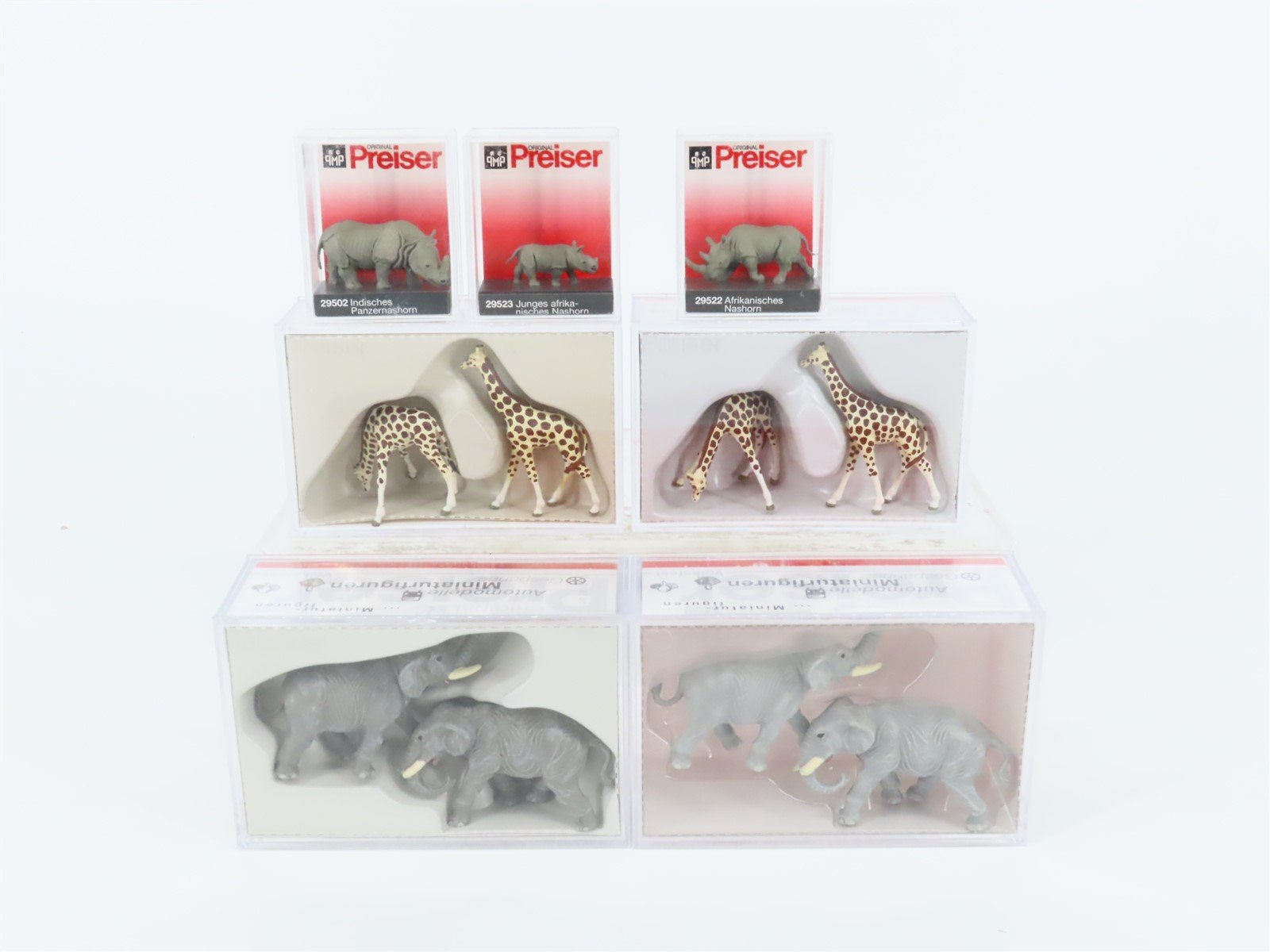 Lot of 7 HO Preiser Zoo/Circus Animal Figure Packs - Elephant, Giraffe, Rhino