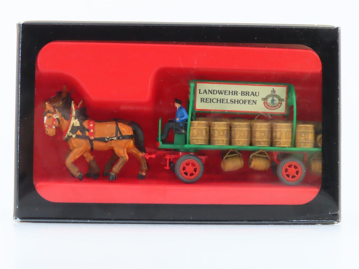 HO Scale Preiser 30462 &quot;Landwehr-Brau&quot; Horse-Drawn Beer Barrel Wagon w/ 2 Horses