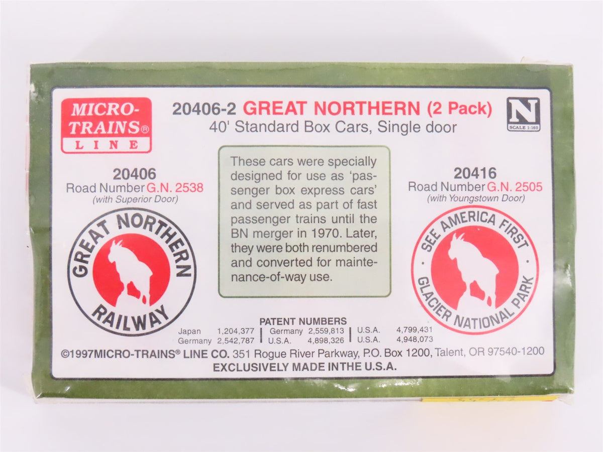 N Scale Micro-Trains MTL 20406-2 GN Great Northern 40&#39; Box Car 2-Pack Sealed